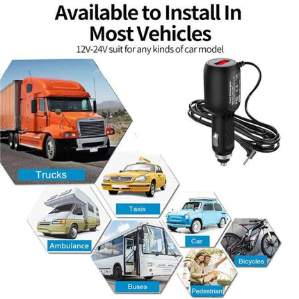 7-Inch Portable Car Screen for Wireless Apple CarPlay and Android Auto showing 12V adapter and compatible vehicles (trucks, taxis, cars, buses, ambulances, bicycles)