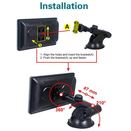 7-Inch Portable Car Screen for Wireless Apple CarPlay and Android Auto shown mounted with adjustable 360° and 210° suction cup bracket for installation