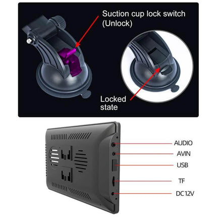 7-Inch Portable Car Screen for Wireless Apple CarPlay and Android Auto showing suction cup mount and labeled ports (Audio, AVIN, USB, TF, DC12V)