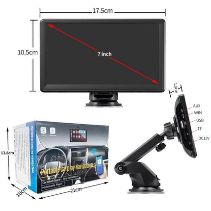 7-Inch Portable Car Screen for Wireless Apple CarPlay and Android Auto - 7-inch portable car display with suction mount, box and side ports