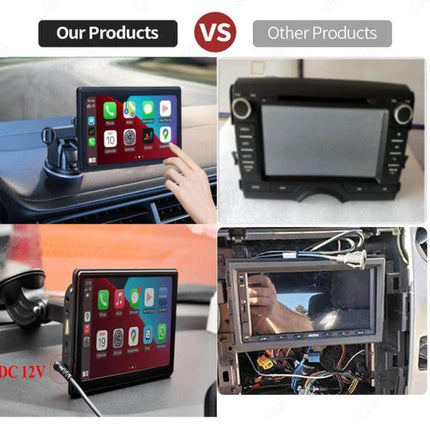 7-Inch Portable Car Screen for Wireless Apple CarPlay and Android Auto showing touchscreen dashboard mount vs other bulky units