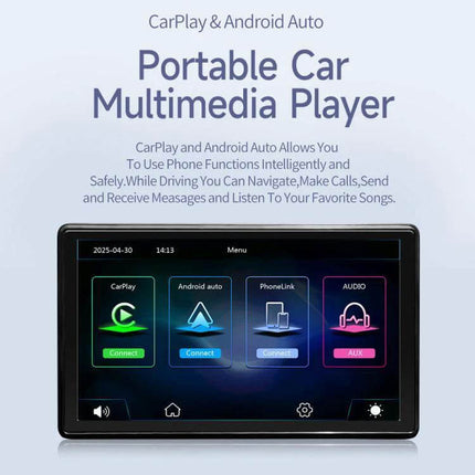 7-Inch Portable Car Screen for Wireless Apple CarPlay and Android Auto showing home screen with CarPlay, Android Auto, PhoneLink and Audio apps