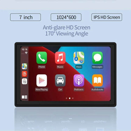 7-Inch Portable Car Screen for Wireless Apple CarPlay and Android Auto shown with app icons on 7-inch anti-glare IPS HD display