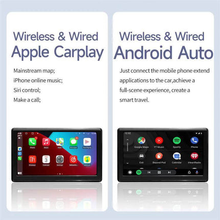 7-Inch Portable Car Screen for Wireless Apple CarPlay and Android Auto showing dual wireless Apple CarPlay and Android Auto interfaces
