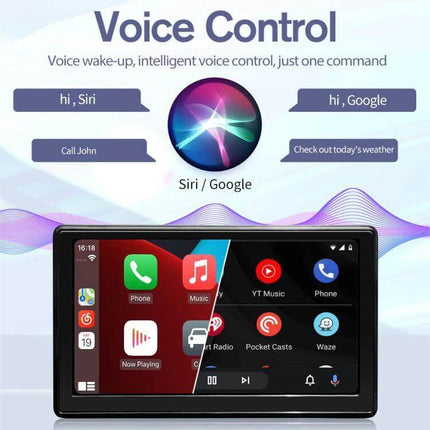 7-Inch Portable Car Screen for Wireless Apple CarPlay and Android Auto showing voice control Siri and Google integration