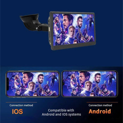7-Inch Portable Car Screen for Wireless Apple CarPlay and Android Auto mounted screen showing Apple CarPlay and Android Auto compatibility for navigation and media