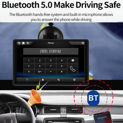 7-Inch Portable Car Screen for Wireless Apple CarPlay and Android Auto showing Bluetooth 5.0 hands-free dialer mounted on dashboard