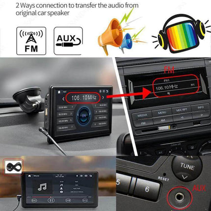 7-Inch Portable Car Screen for Wireless Apple CarPlay and Android Auto showing FM and AUX audio connection options in car