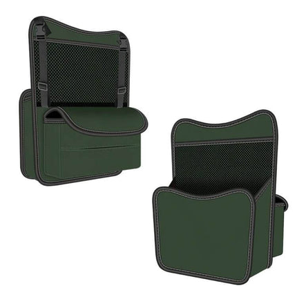 Napa Texture Leather Car Center Console Storage Bag Olive Green with front guardrail and pockets for phone bottle and tissues