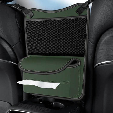 Napa Texture Leather Car Center Console Storage Bag Olive Green between seats with tissue pocket and front guardrail, nappa leather car organizer