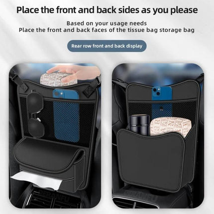 Napa Texture Leather Car Center Console Storage Bag Olive Green with front and back placement showing tissues phone and sunglasses