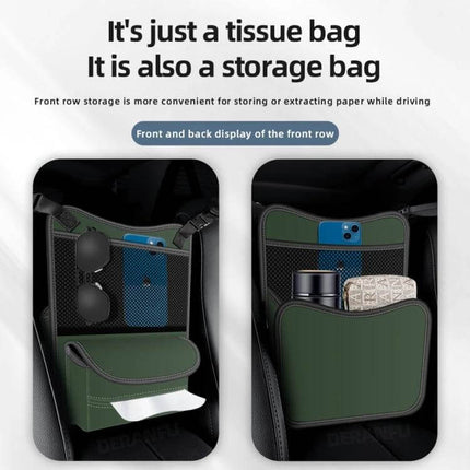 Napa Texture Leather Car Center Console Storage Bag Olive Green placed between seats holding phone sunglasses tissue bottle for organized front-row storage