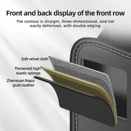 Napa Texture Leather Car Center Console Storage Bag Olive Green showing layered construction: soft velvet, elastic sponge, Zhenxuan Napa grain leather and front guardrail