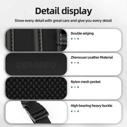 Napa Texture Leather Car Center Console Storage Bag Olive Green showing double edging, Zhenxuan leather material, nylon mesh pocket and heavy buckle detail