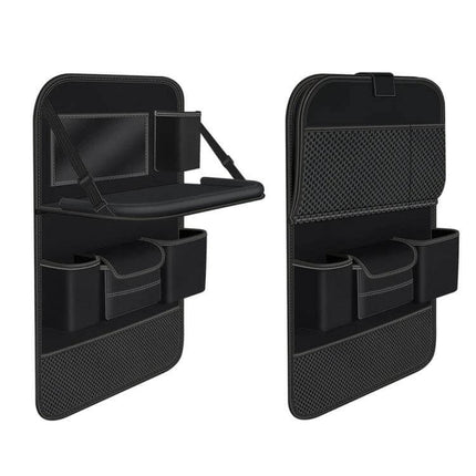 Napa Texture Leather Car Seat Back Storage Bag For Everyday Use compact black PU leather organizer with cup holders, mesh pocket and foldable tray