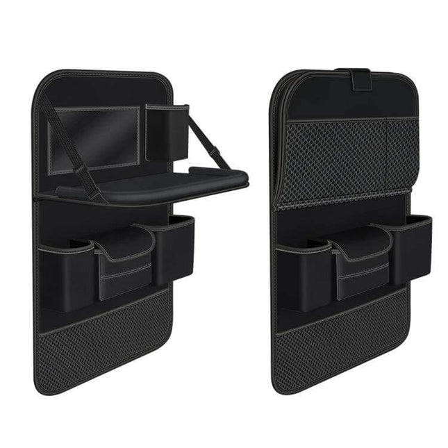 Napa Texture Leather Car Seat Back Storage Bag For Everyday Use compact black PU leather organizer with cup holders, mesh pocket and foldable tray