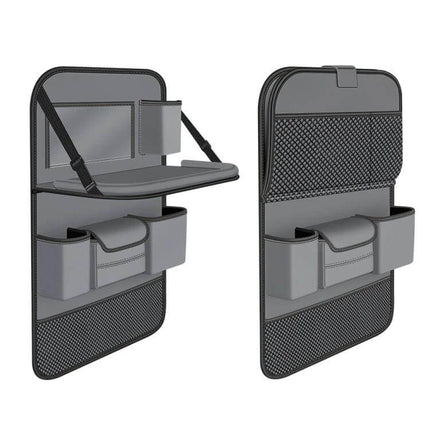 Napa Texture Leather Car Seat Back Storage Bag For Everyday Use - gray PU leather seat-back organizer with pockets, tray and mesh storage