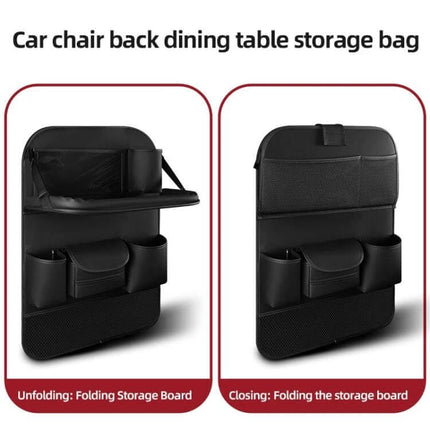 Napa Texture Leather Car Seat Back Storage Bag For Everyday Use - black PU leather seat-back organizer with folding tray and multiple pockets