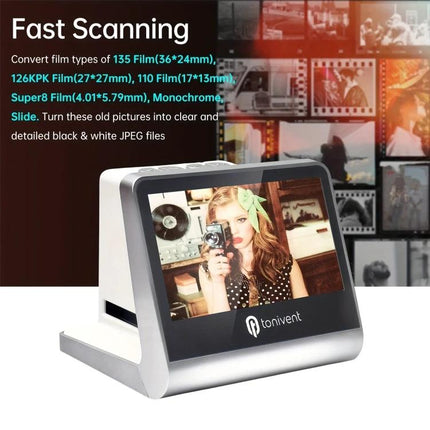 Tonivent TON170 Film Scanner for 135 Slides and Negatives with Display showing scanned slide on built-in screen