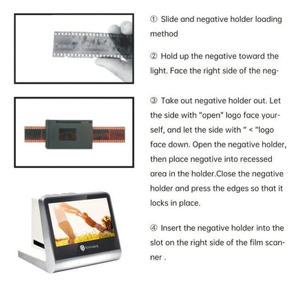 Tonivent TON170 Film Scanner for 135 Slides and Negatives with Display showing slide loading steps and built-in display preview