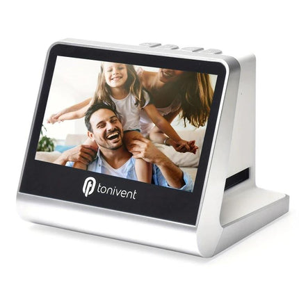 Tonivent TON170 Film Scanner for 135 Slides and Negatives with Display showing family photo on built-in screen, silver desktop film digitizer