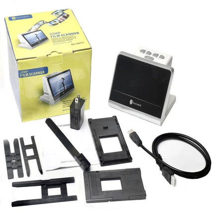 Tonivent TON170 Film Scanner for 135 Slides and Negatives with Display shown with accessories, slide holders, USB cable and packaging