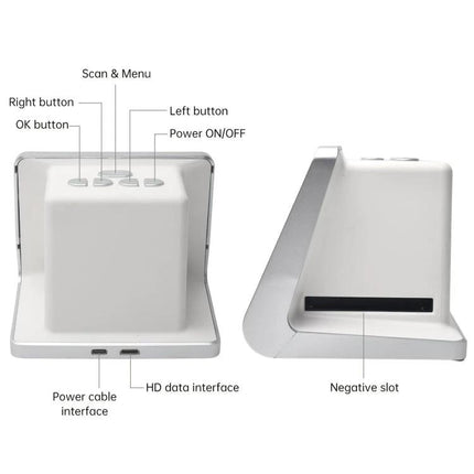 Tonivent TON170 Film Scanner for 135 Slides and Negatives with Display showing labeled buttons, power/HD ports and negative slot
