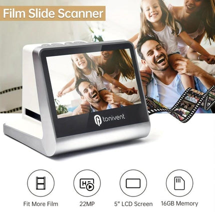Tonivent TON170 Film Scanner for 135 Slides and Negatives with Display showing family photo on 5-inch LCD, 14MP capture, fits 135 slides and negatives