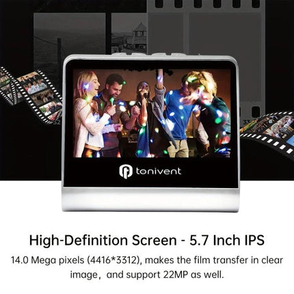 Tonivent TON170 Film Scanner for 135 Slides and Negatives with Display showing 5.7-inch screen preview of digitized slide