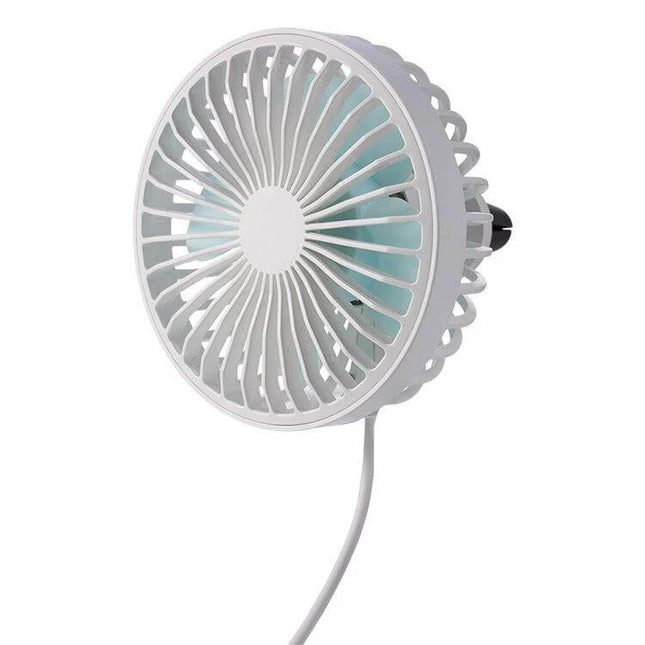 Portable Car Air Outlet Fan With LED Light For Car Comfort — white compact vent-mounted fan with LED, USB cord, ABS/PP construction