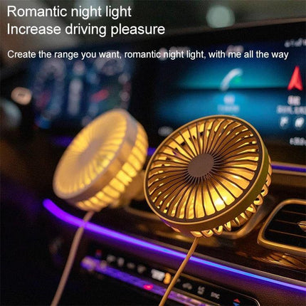 Portable Car Air Outlet Fan With LED Light For Car Comfort mounted on vent, compact ABS/PP design glowing warm LED, night driving cabin cooling
