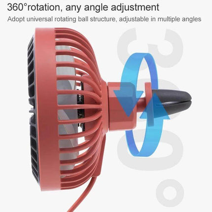 Portable Car Air Outlet Fan With LED Light For Car Comfort showing red vent-mounted fan with 360° rotation and adjustable angle