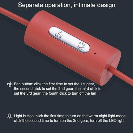 Portable Car Air Outlet Fan With LED Light For Car Comfort - red inline control module showing fan and LED buttons for 3-speed fan and night light