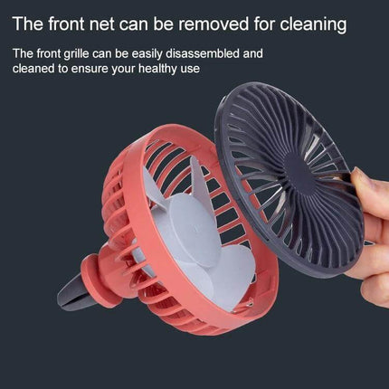 Portable Car Air Outlet Fan With LED Light For Car Comfort showing removable front net for easy cleaning and vent clip attachment