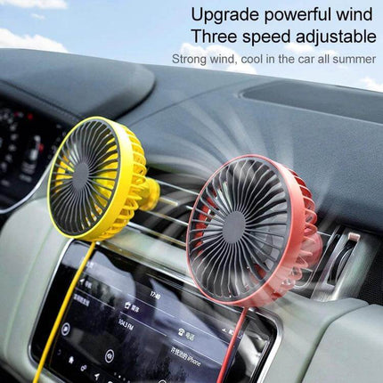 Portable Car Air Outlet Fan With LED Light For Car Comfort clipped to vent showing yellow and red fans blowing air and LED illumination