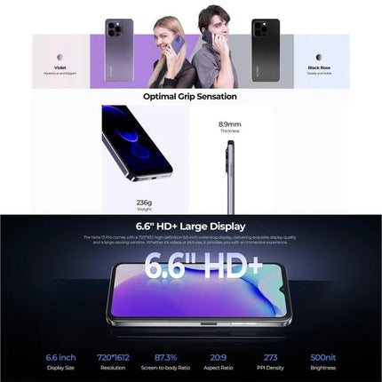 HOTWAV Smartphone for Daily Communication and Tasks showing 6.6-inch HD+ display, slim 8.9mm profile, color options and specs