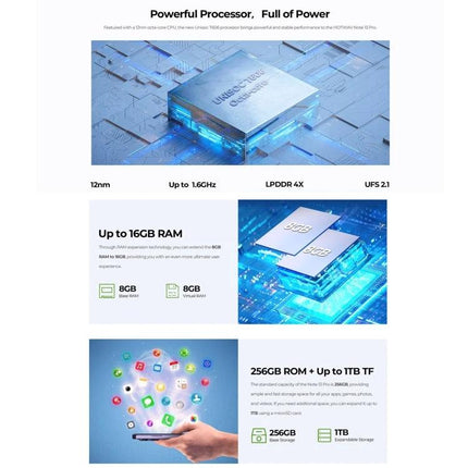 HOTWAV Smartphone for Daily Communication and Tasks showing processor, RAM and storage specs with 6.6-inch display