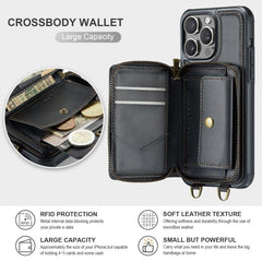 JEEHOOD C22 Series Leather Zipper Wallet Case with Dual Lanyards for iPhone 15 Pro Max