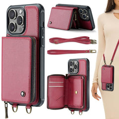 JEEHOOD C22 Series Leather Zipper Wallet Case with Dual Lanyards for iPhone 15 Pro Max