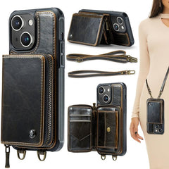 JEEHOOD C22 Series Leather Zipper Wallet Case with Dual Lanyards for iPhone 15 Pro Max