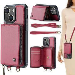 JEEHOOD C22 Series Leather Zipper Wallet Case with Dual Lanyards for iPhone 15 Pro Max