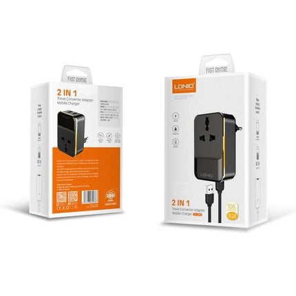 LDNIO Universal Travel Charger for Everyday Mobile Device Use - 2-in-1 travel converter adapter in retail packaging