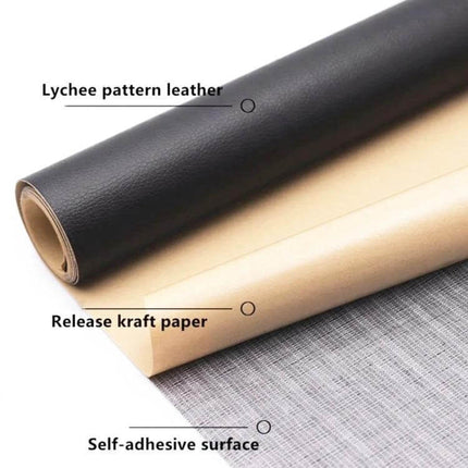 Self-Adhesive Leather Repair Patch 30 x 137 cm For Sofa And Car Seat - black lychee pattern roll showing release kraft paper and self-adhesive surface