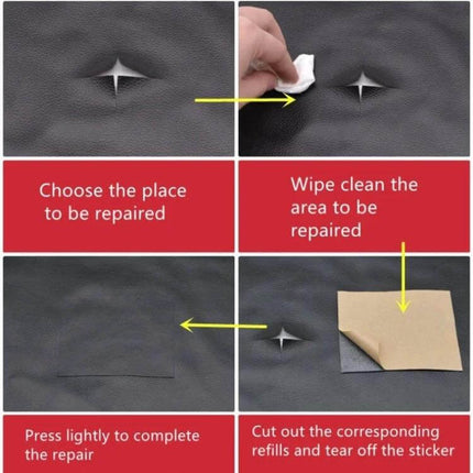 Self-Adhesive Leather Repair Patch 30 x 137 cm For Sofa And Car Seat demonstrating step-by-step cleaning, cutting and pressing to fix a tear