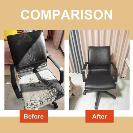 Self-Adhesive Leather Repair Patch 30 x 137 cm For Sofa And Car Seat applied to restore worn office chair shown before and after