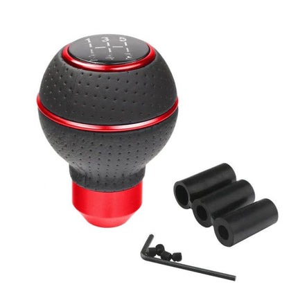 Universal Leather-Wrapped Gear Shift Knob For Cars - black perforated leather round shift knob with red aluminum base and installation adapters