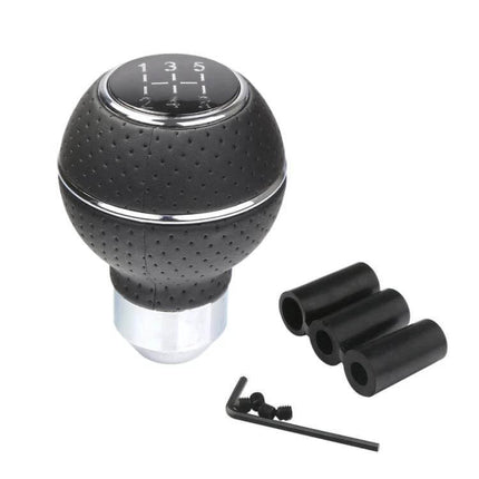 Universal Leather-Wrapped Gear Shift Knob For Cars - black perforated leather round knob with aluminum core and installation adapters