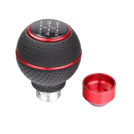 Universal Leather-Wrapped Gear Shift Knob For Cars - black perforated leather ball with red aluminum accents and threaded adapter