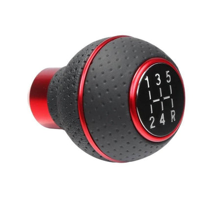 Universal Leather-Wrapped Gear Shift Knob For Cars - black perforated leather with red aluminum core and 5-speed shift pattern