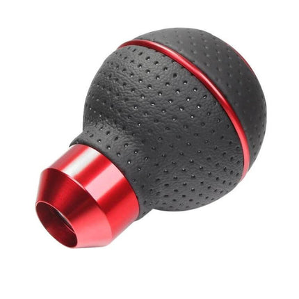 Universal Leather-Wrapped Gear Shift Knob For Cars black perforated leather with red aluminum base, ergonomic replacement for round shift levers